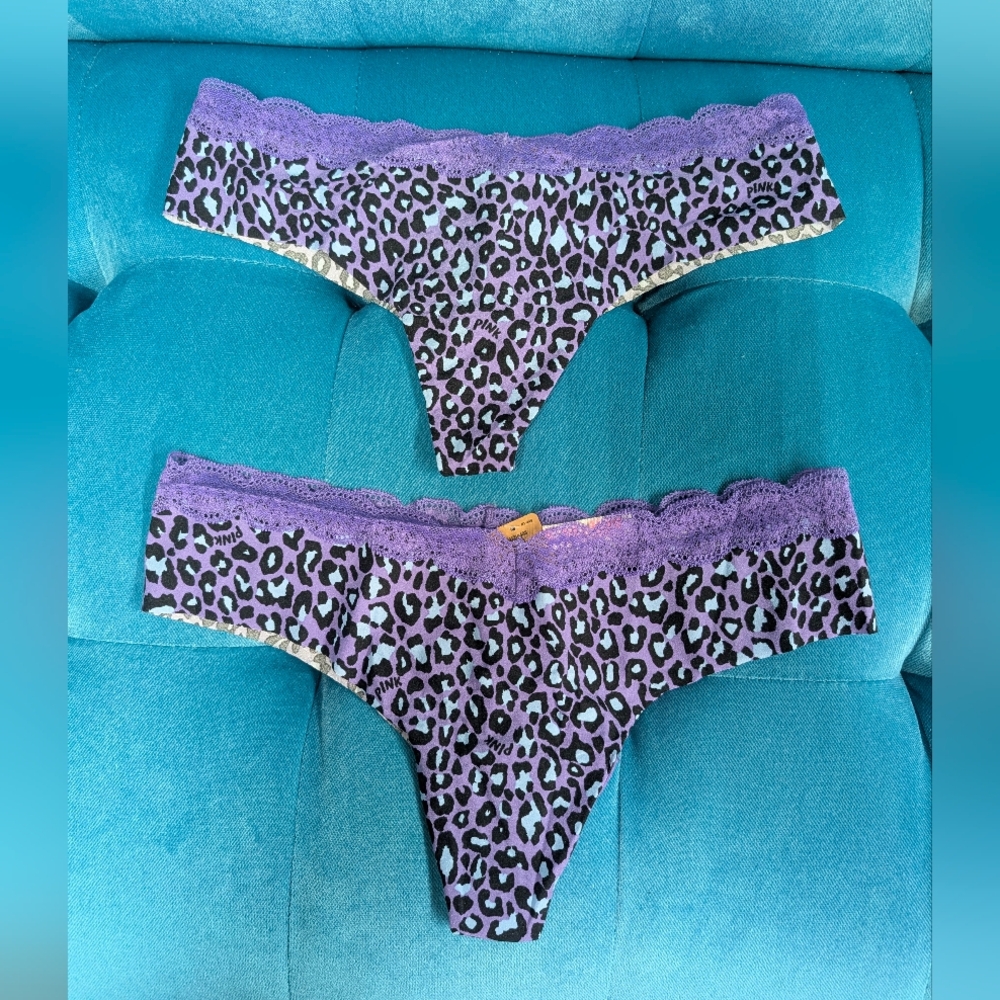 NWT Victoria Secret Pink Set Lot Of Two Purple  Lace Leopard Thong Tanga